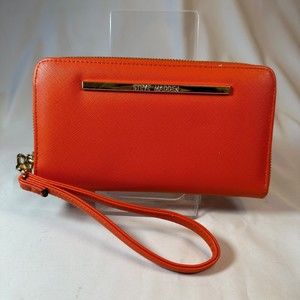 Steve Madden Wristlet Clutch Wallet Purse Zip Around Orange Many Inner Pockets